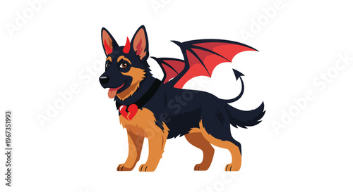 German Shepherd dog character depicted as a red devil with wings and horns for creative animal-themed mascot designs.