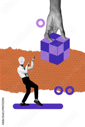 Картината върху платно Composite trend artwork 3D sketch image photo collage of huge hand hold cube puz