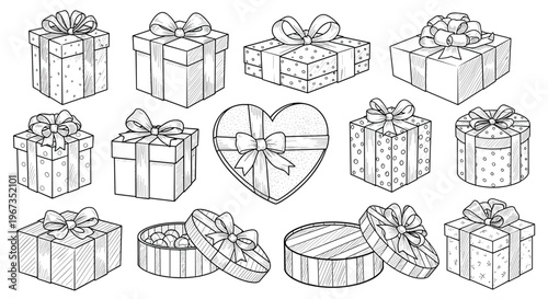 Collection of hand-drawn gift boxes in different shapes and sizes with ribbons for holiday and celebration concepts.