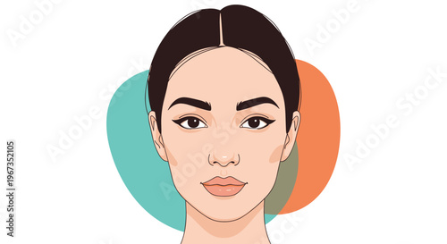 Elegant portrait of a young woman with clean skin and soft makeup against a background of abstract colorful shapes.