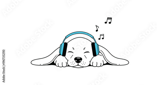Adorable white puppy with long ears laying down and wearing blue headphones while enjoying music as indicated by floating musical notes.