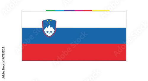 Official flag of the Republic of Slovenia featuring three horizontal bands of white blue and red with the coat of arms in the upper left.
