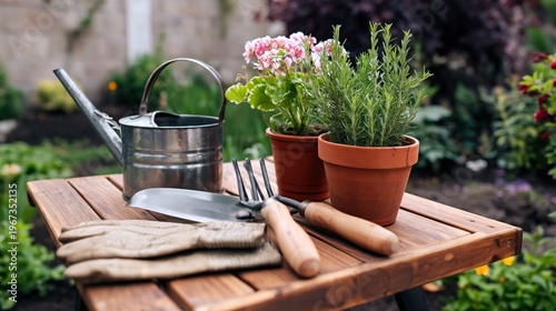 Tools and Plants on a Wooden Table in a Garden During Daytime