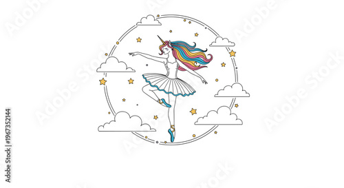 Enchanting unicorn ballerina dancing inside a decorative circle surrounded by fluffy clouds and shining stars in a delicate line art style.