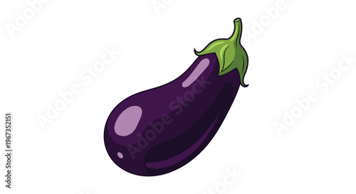 Realistic vector illustration of a ripe purple eggplant with a green stem and smooth shiny skin isolated on a solid white background.
