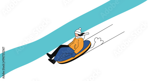 Person wearing winter gear and a yellow jacket enjoying an exciting snow tubing ride down a snowy slope against a white and blue background.