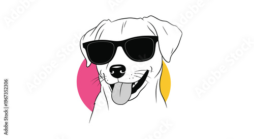Fun line art illustration of a happy white dog wearing dark sunglasses and sticking its tongue out with colorful circles in the background.