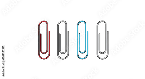 Four metallic paper clips in red, silver, blue, and light gray colors arranged in a horizontal row on a clean white background for office use.