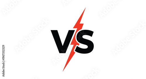 Bold versus logo featuring large black letters VS split by a bright red lightning bolt isolated on a clean white background for competition.