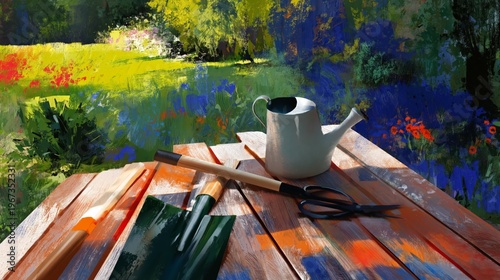 Gardening Tools and a Watering Can on a Wooden Table in a Colorful Garden Set...