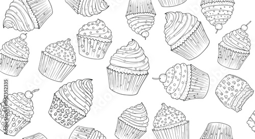 Detailed and tasty pattern of various hand drawn cupcakes with different toppings like cherries and cream in a black and white sketch style.