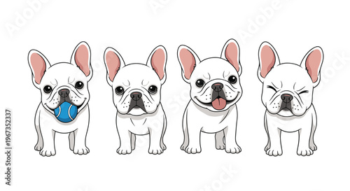 Set of four cute French bulldog puppies in various playful poses including winking and holding a ball on a clean white background for lovers.
