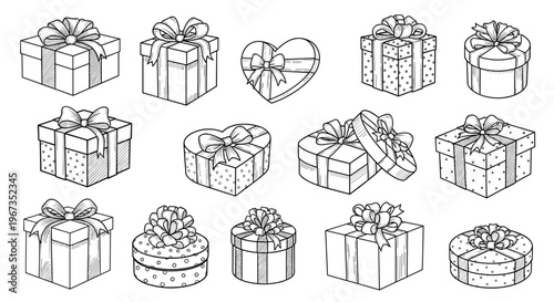Collection of various hand-drawn gift boxes with decorative ribbons and bows including heart-shaped packages in a detailed black and white sketch.