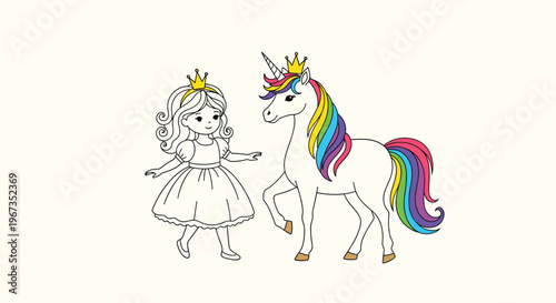 Little princess in a golden crown standing next to a beautiful unicorn with a rainbow mane and tail on a light cream colored background.