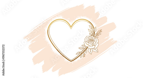 Golden heart-shaped frame decorated with delicate roses and leaves placed on a light pink brush stroke background for romantic card designs.