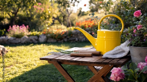 Garden Scene With a Watering Can and Tools on a Table in the Afternoon Light