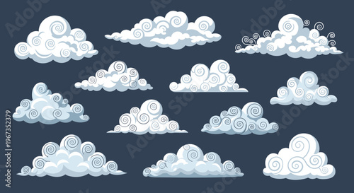 Set of decorative white clouds with elegant spiral patterns and swirls on a dark blue background for creative sky and weather illustrations.