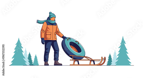 Man dressed in warm winter clothing standing in a snowy forest next to a blue snow tube and a traditional wooden sled for outdoor activities.