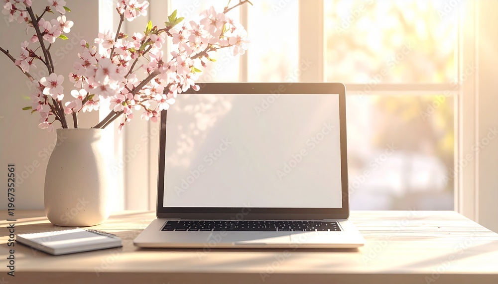 Fototapeta premium Springtime workspace with a modern laptop and beautiful cherry blossoms by a bright window