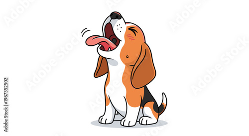 Cute beagle puppy howling with its mouth open and tongue out in a playful or loud expression on a white background for pet enthusiasts.