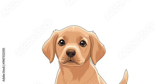 Realistic portrait of a golden retriever puppy looking forward with soulful eyes and soft fur in a detailed digital illustration for pets.