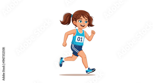 Young girl with pigtails running a marathon race wearing a blue sports uniform with a number one bib for fitness and athletic concepts.