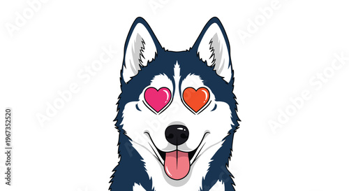 Cute husky puppy with bright heart-shaped eyes and a happy expression showing love and affection for pet lovers and Valentine day themes.