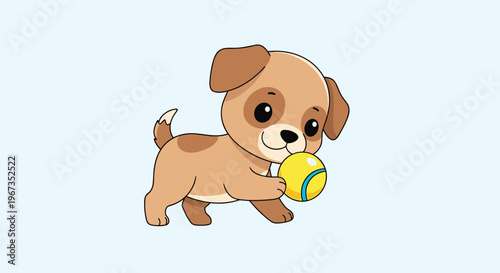 Small brown puppy playing happily with a yellow and blue ball on a light pastel background for pet care and animal training advertisements.