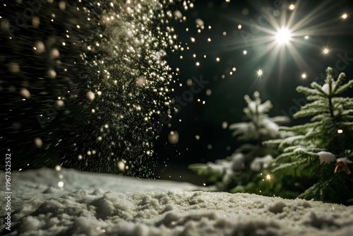 Snow-covered evergreen trees under a glowing night sky with sparkling snowflakes illuminated by a radiant light, evoking a serene and festive winter atmosphere