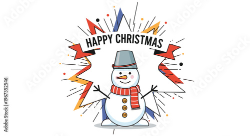 Happy Christmas greeting with a festive snowman wearing a bucket hat and a striped red scarf in front of a colorful explosion background.