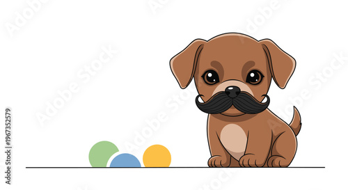 Adorable brown puppy wearing a large black mustache sitting next to colorful balls in a humorous cartoon character design.