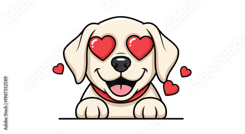 Cute cream colored puppy with red heart-shaped eyes and small floating hearts around it for expressing love and affection in a cartoon.