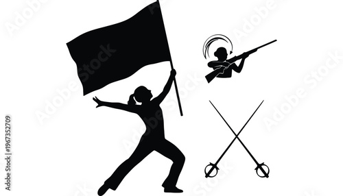 A black silhouette of a person holding a flag with crossed swords