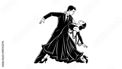 A couple dancing tango in a beautiful black and white silhouette illustration