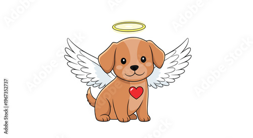 Adorable brown puppy dog portrayed as a heavenly angel with white wings and a golden halo over its head and a red heart.