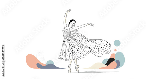 Stylized line art illustration of an elegant ballerina dancing among abstract colorful shapes and dots in a creative composition.
