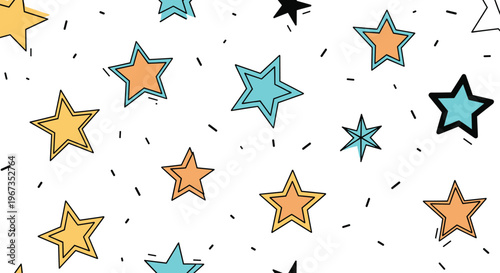 Playful seamless pattern of colorful stars in various sizes and hand drawn doodle styles on a white background for decoration.
