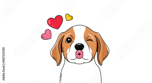 Lovable beagle puppy dog winking and blowing a kiss with three colorful hearts floating above its head in a cute cartoon.