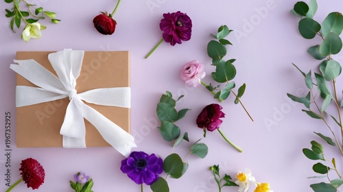 Gift Box With Flowers Arranged on a Light Background at a Table Setting for C...