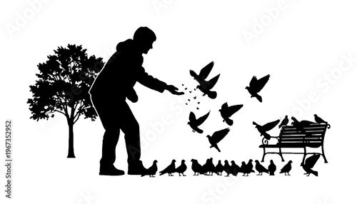 Man silhouette feeding birds in a park with a tree and bench