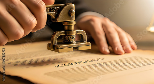 Notary public stamping document with acknowledged seal, business legal concept, close up.