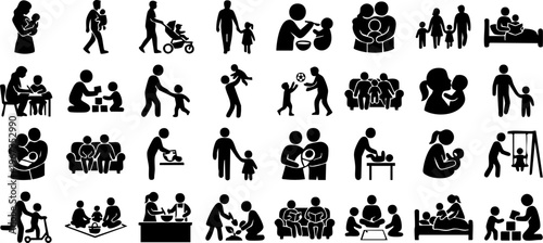Family parenting silhouettes set, mother father baby childcare activities vector icons collection