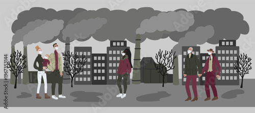 Vector illustration with women and men in mask. People wearing mask against smog and walking the street. City landscape chimneys emit smoke harmful emissions polluted air poor ecology in the city. 