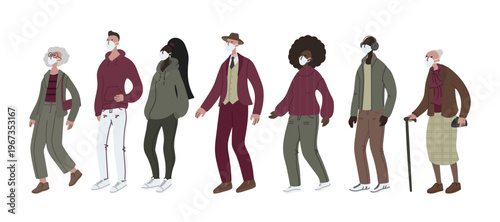 Vector hand drawn illustration with women and men in mask. People wearing face mask against smog air pollution dust. Banner with people in mask isolated on white background.