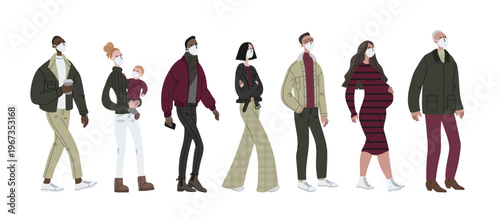 Vector hand drawn illustration with women and men in mask. People wearing face mask against smog air pollution dust. Banner with people in mask isolated on white background.