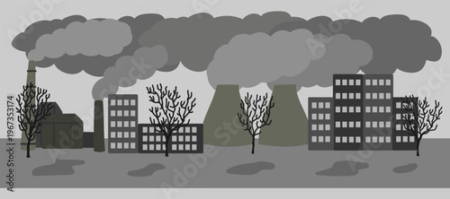 Vector illustration with polluted city with air emissions. Sad city landscape chimneys emit smoke harmful emissions polluted air poor ecology in the city. Air pollution in modern city concept