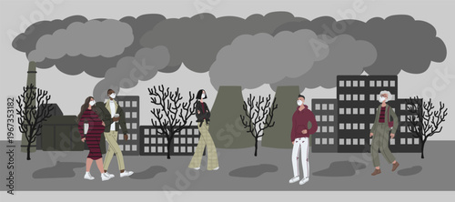 Vector illustration with women and men in mask. People wearing mask against smog and walking the street. City landscape chimneys emit smoke harmful emissions polluted air poor ecology in the city. 
