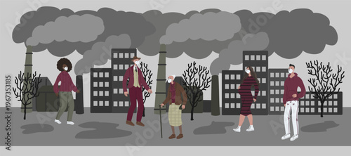 Vector illustration with women and men in mask. People wearing mask against smog and walking street. City landscape chimneys emit smoke harmful emissions polluted air poor ecology in the city. 