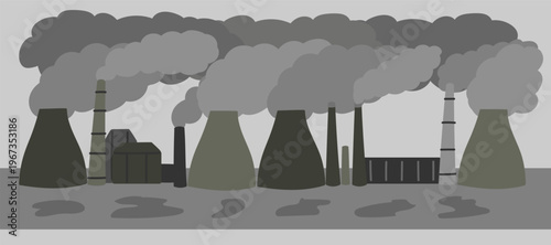 Vector illustration with polluted city with air emissions. Sad city landscape chimneys emit smoke harmful emissions polluted air poor ecology in the city. Air pollution in modern city concept