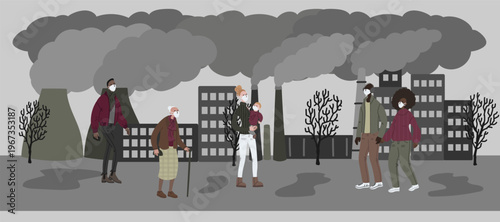 Vector illustration with women and men in mask. People wearing mask against smog and walking the street. City landscape chimneys emit smoke harmful emissions polluted air poor ecology in the city. 